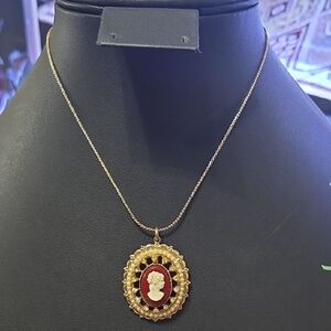 Coro Pegasus Gold Tone Cameo Pendant Necklace in Red and Ivory Toned Lucite